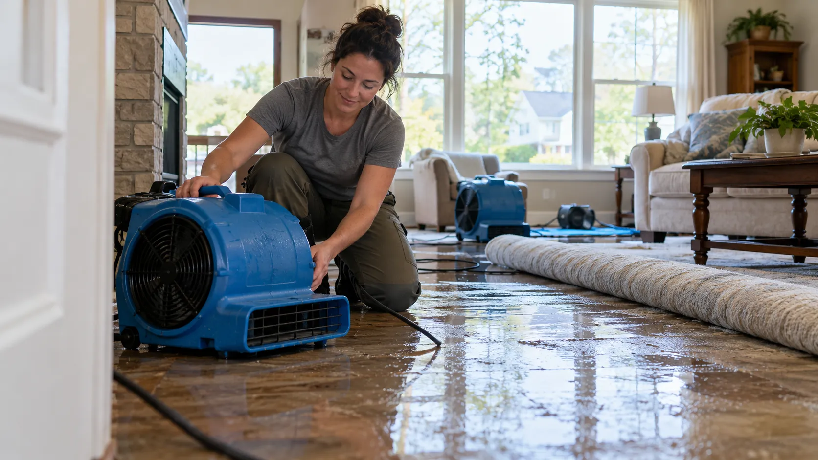 Water damage restoration technician drying a flooded living room in Manchester
